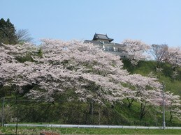 Ohira Castle ruins park — hilltop keep replica and cherry blossoms in spring